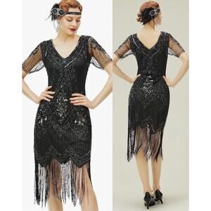 🔥Art Deco Roaring 20s Flapper Sequin Mesh Fringe Gatsby Evening Glam Dress Sz M